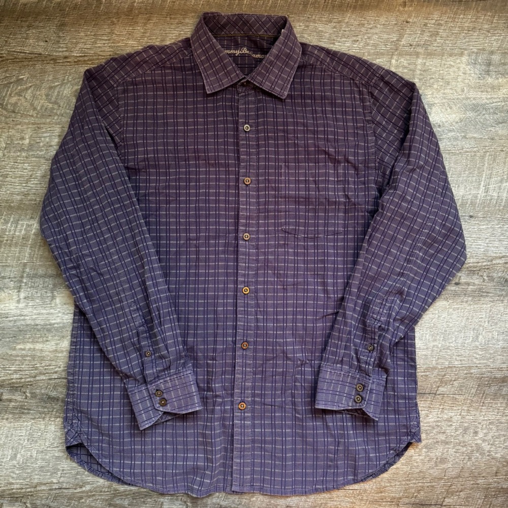 Tommy Bahama Island Modern Button Down Shirt Large Purple‎ Cotton Silk Grid